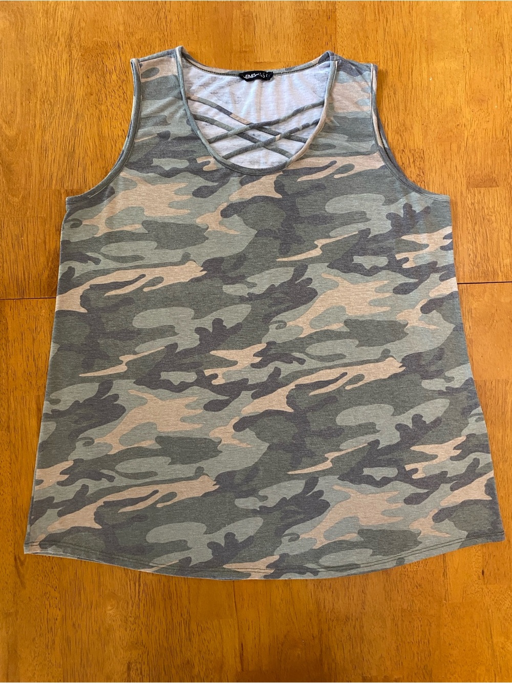 Heimish - Camo Tunic Tank, Crisscross Scoop Neck- Light Olive and Taupe, Sz XL